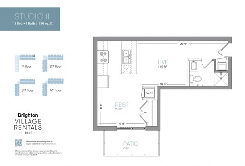 Floor plan for 1 bed, 1 bath, 456 sqft